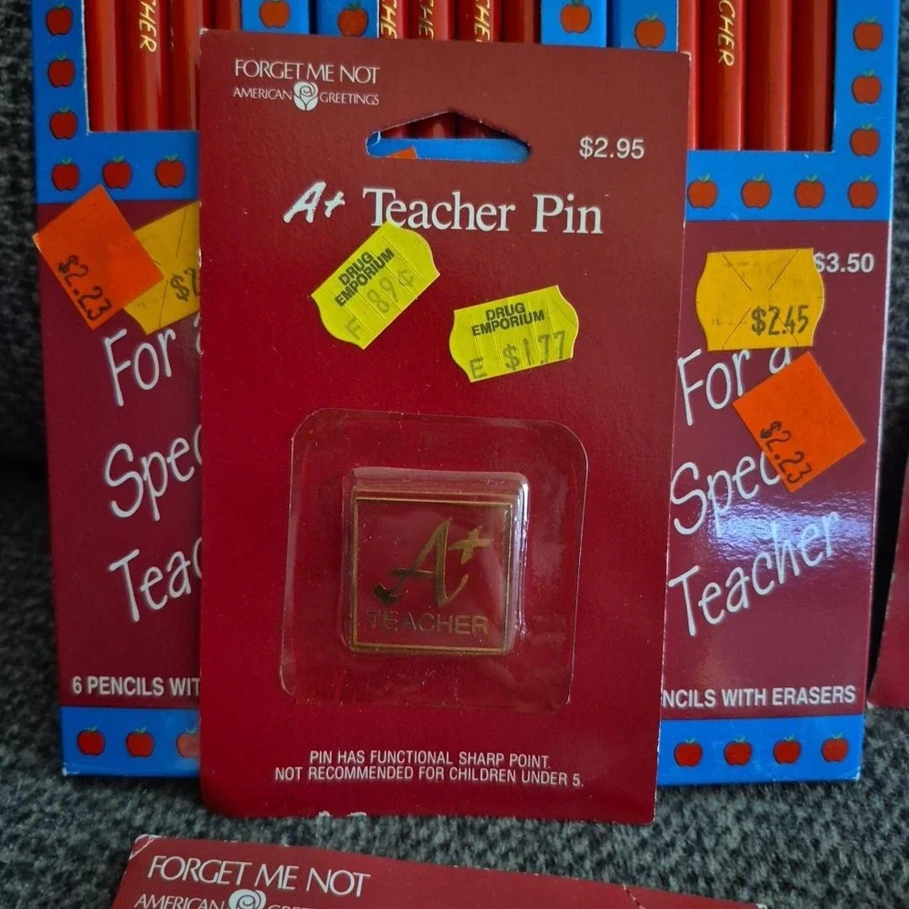 Vintage American Greeting Forget Me Not Teacher Lot Pencils, NotePad, Pins .....